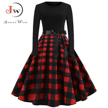 Load image into Gallery viewer, Winter Christmas Dresses Women 50S 60S Vintage Robe Swing Pinup Elegant Party Dress Long Sleeve Casual Plus Size Print Black