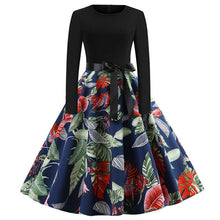 Load image into Gallery viewer, Winter Christmas Dresses Women 50S 60S Vintage Robe Swing Pinup Elegant Party Dress Long Sleeve Casual Plus Size Print Black