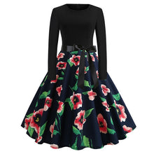 Load image into Gallery viewer, Winter Christmas Dresses Women 50S 60S Vintage Robe Swing Pinup Elegant Party Dress Long Sleeve Casual Plus Size Print Black