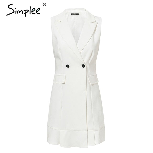 Simplee White blazer work dress women V neck ruffle A line slim sleeve –  Spray Tennis